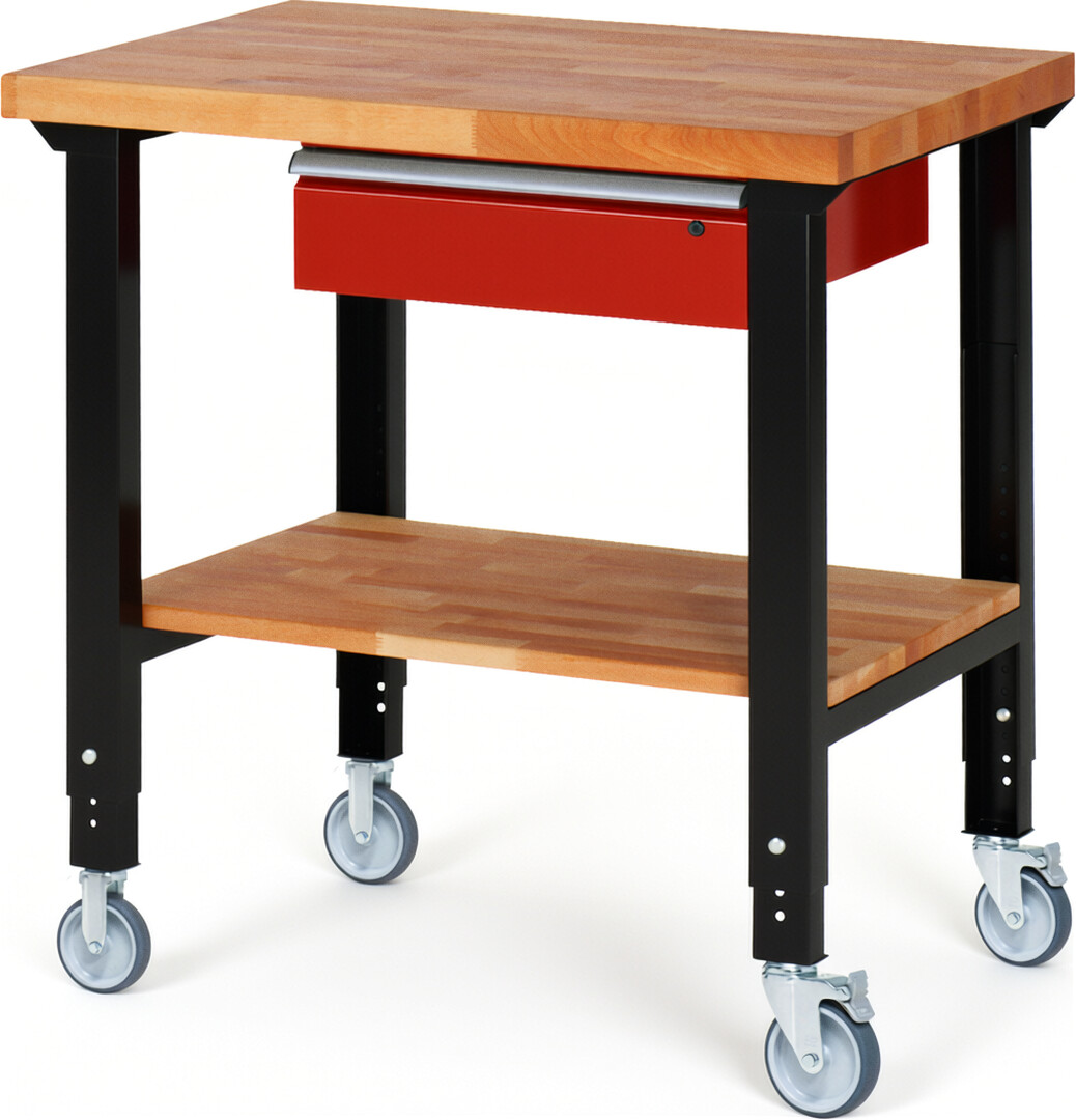 Fahrbare Werkbank Modell 7001 schwarz-rot, BxTxH 1000x700x950-1000 mm,  Buche-Massiv Arbeitsplatte 40 mm,  1 Schublade mit  Auszug 90 %