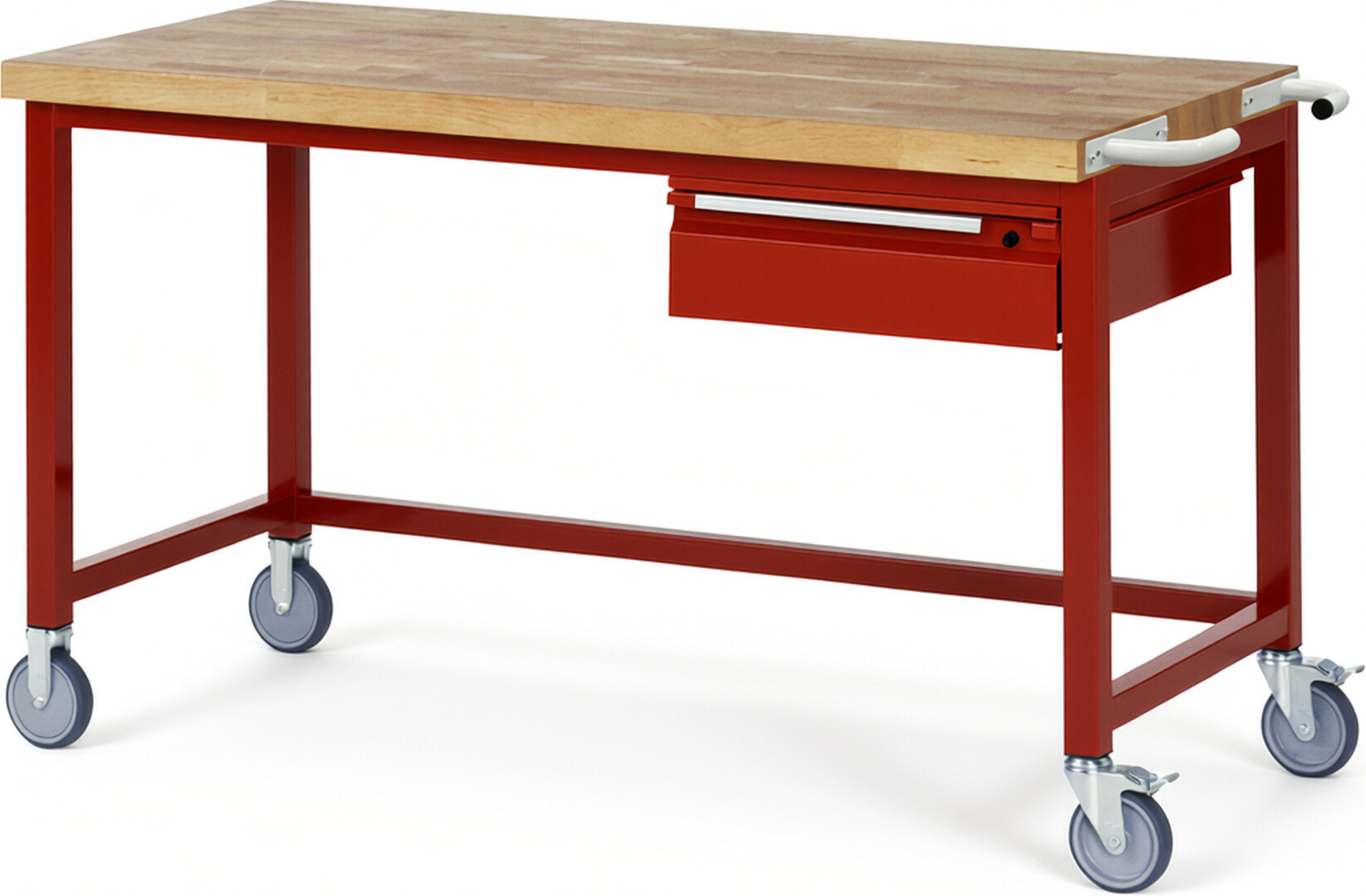 Fahrbare Werkbank - Modell 8001 BASIC rot, BxTxH 1500x700x880 mm,  Buche-Massiv Arbeitsplatte 40 mm,  1 Schublade mit  Auszug 90 %