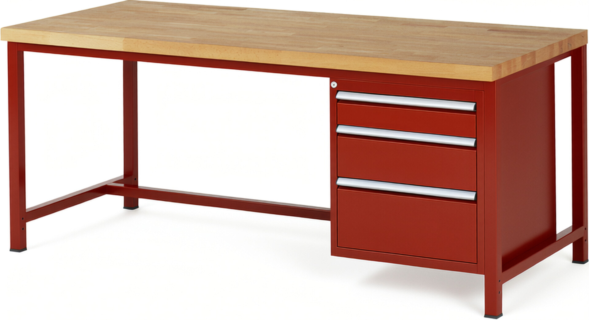 Werkbank Modell 8159 rot, BxTxH 2000x900x840-1040 mm,  Buche-Massiv Arbeitsplatte 40 mm,  3 Schubladen mit  Auszug 90 %