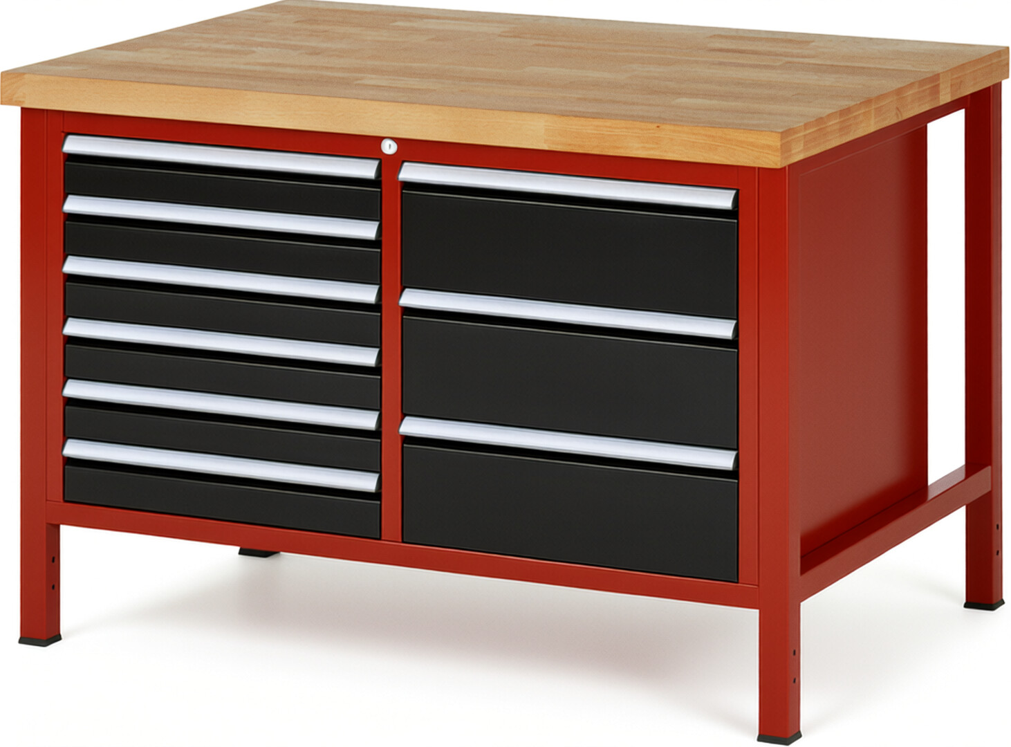 Werkbank Modell 8479 rot - schwarz, BxTxH 1250x900x840 mm,  Buche-Massiv Arbeitsplatte 40 mm,  9 Schubladen mit  Auszug 90 %