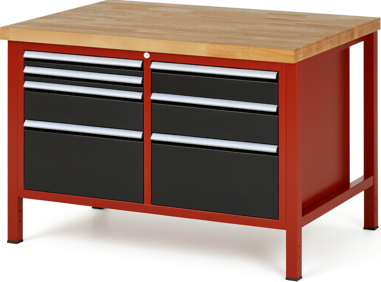 Werkbank Modell 8476 rot - schwarz, BxTxH 1250x900x840-1040 mm,  Buche-Massiv Arbeitsplatte 40 mm,  7 Schubladen mit  Auszug 90 %