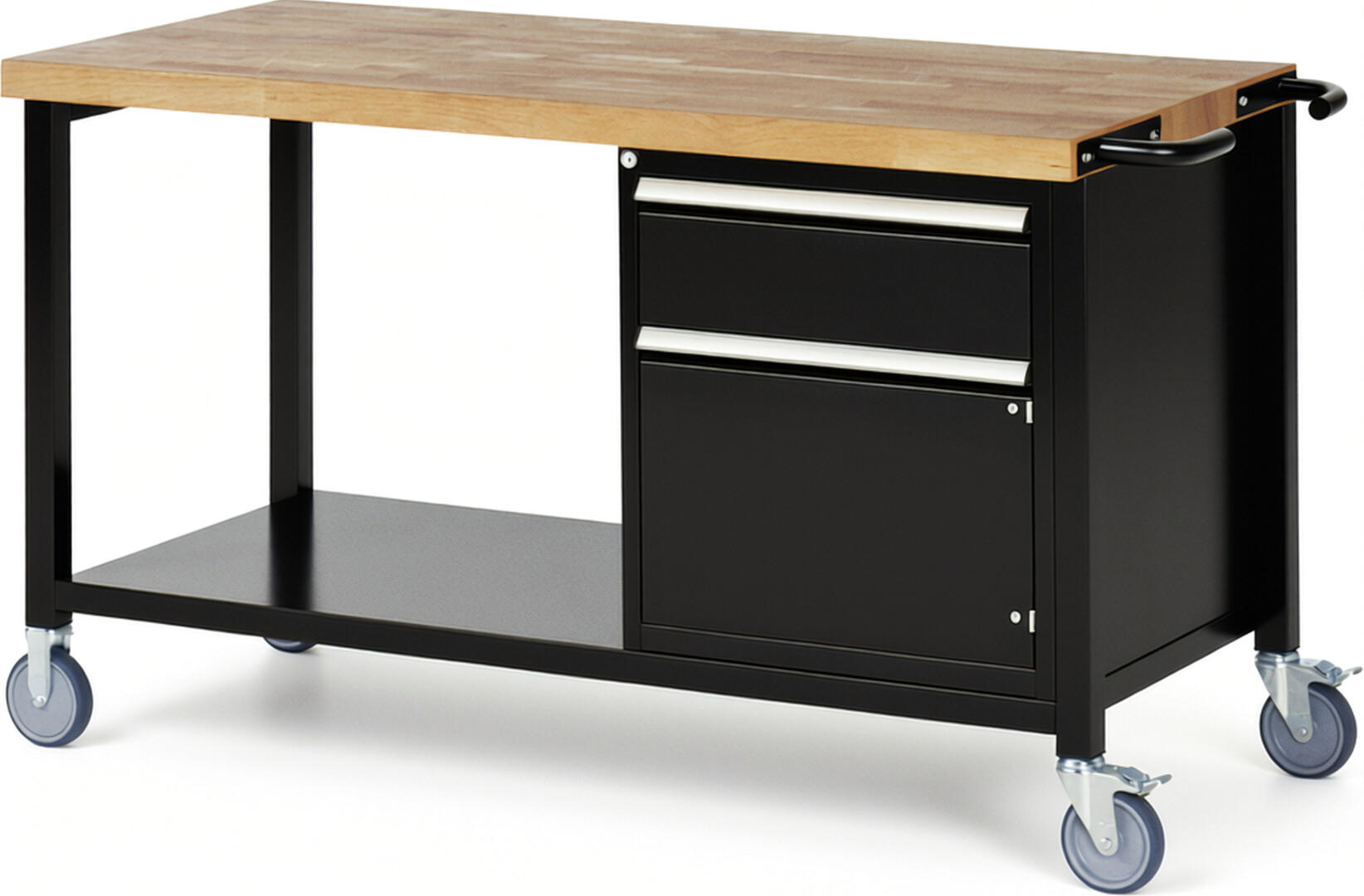 Fahrbare Werkbank Modell 8152 schwarz, BxTxH 1500x700x880 mm,  Buche-Massiv Arbeitsplatte 40 mm,  1 Schublade mit  Auszug 90 %