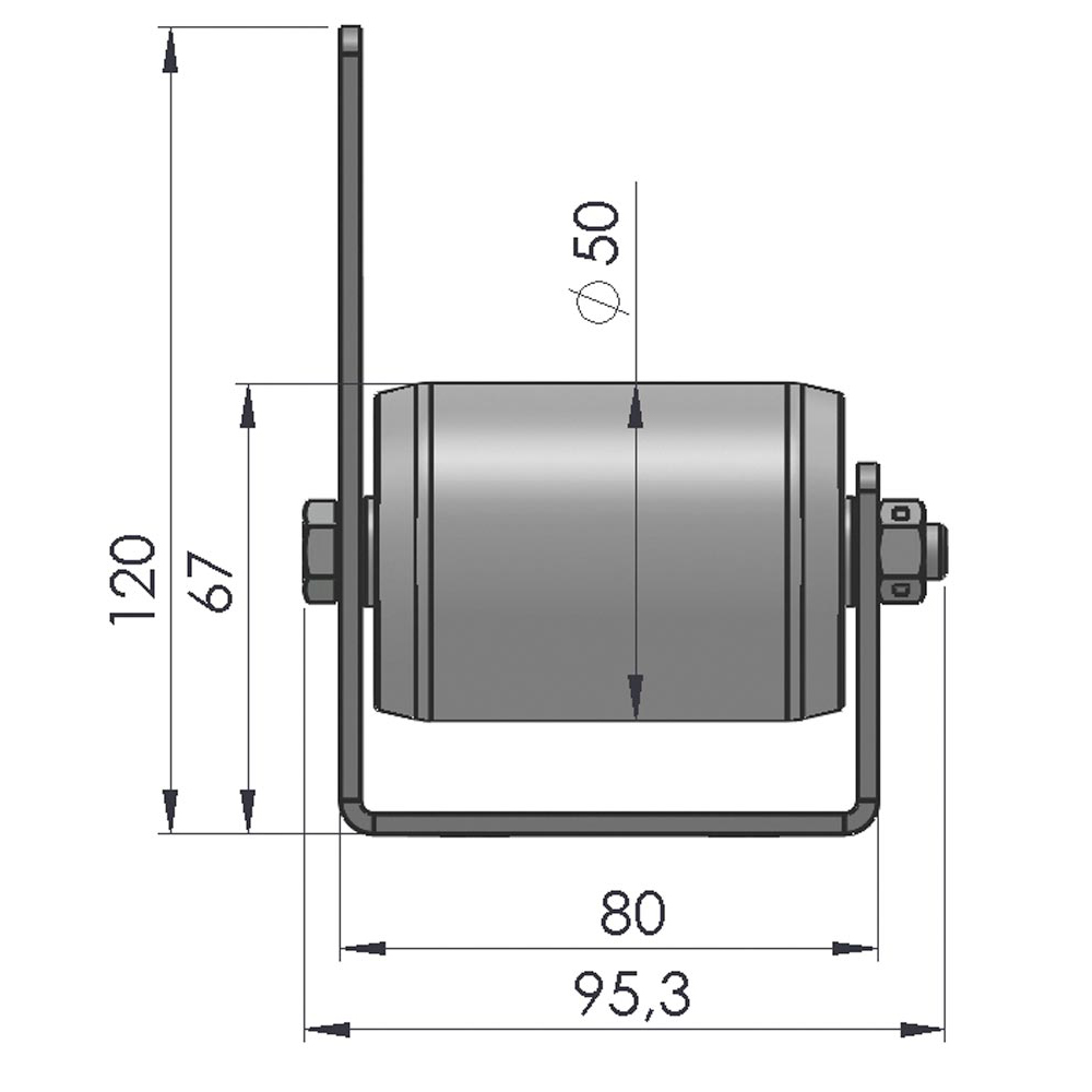 Palettenrollschiene, verzinkt, Profil einreihig, Rolle Durchm. 50 mm, Traglast 160 kg, Bauhöhe 67/120 mm, Achsabstand 208 mm, Seitenführung