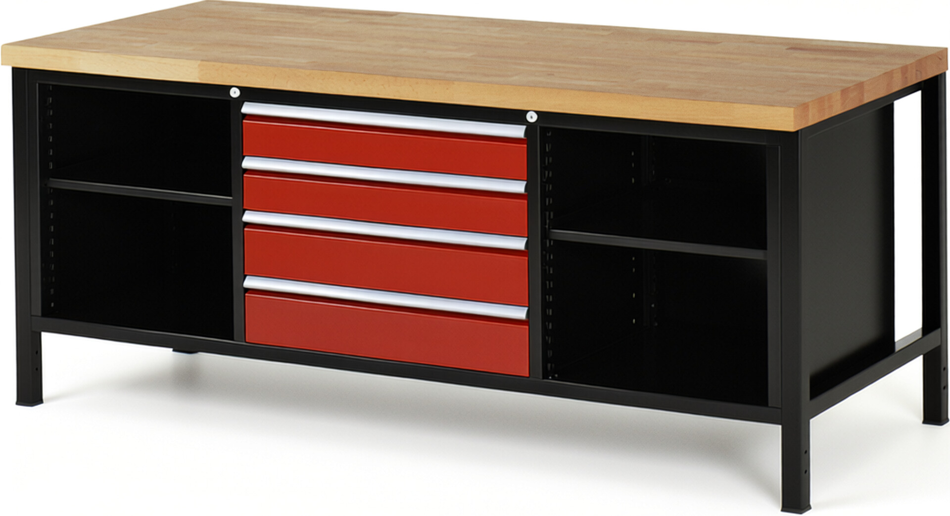 RAU Werkbank schwarz - rot - Breite 200 cm - Tiefe 90 cm - Höhe 104 cm - Buche-Massiv Arbeitsplatte 40 mm