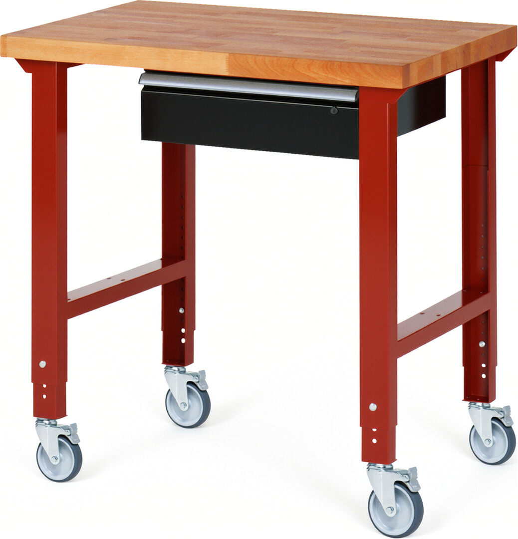 Fahrbare Werkbank Modell 7001 rot - schwarz, BxTxH 1000x700x950-1000 mm,  Buche-Massiv Arbeitsplatte 40 mm,  1 Schublade mit  Auszug 90 %