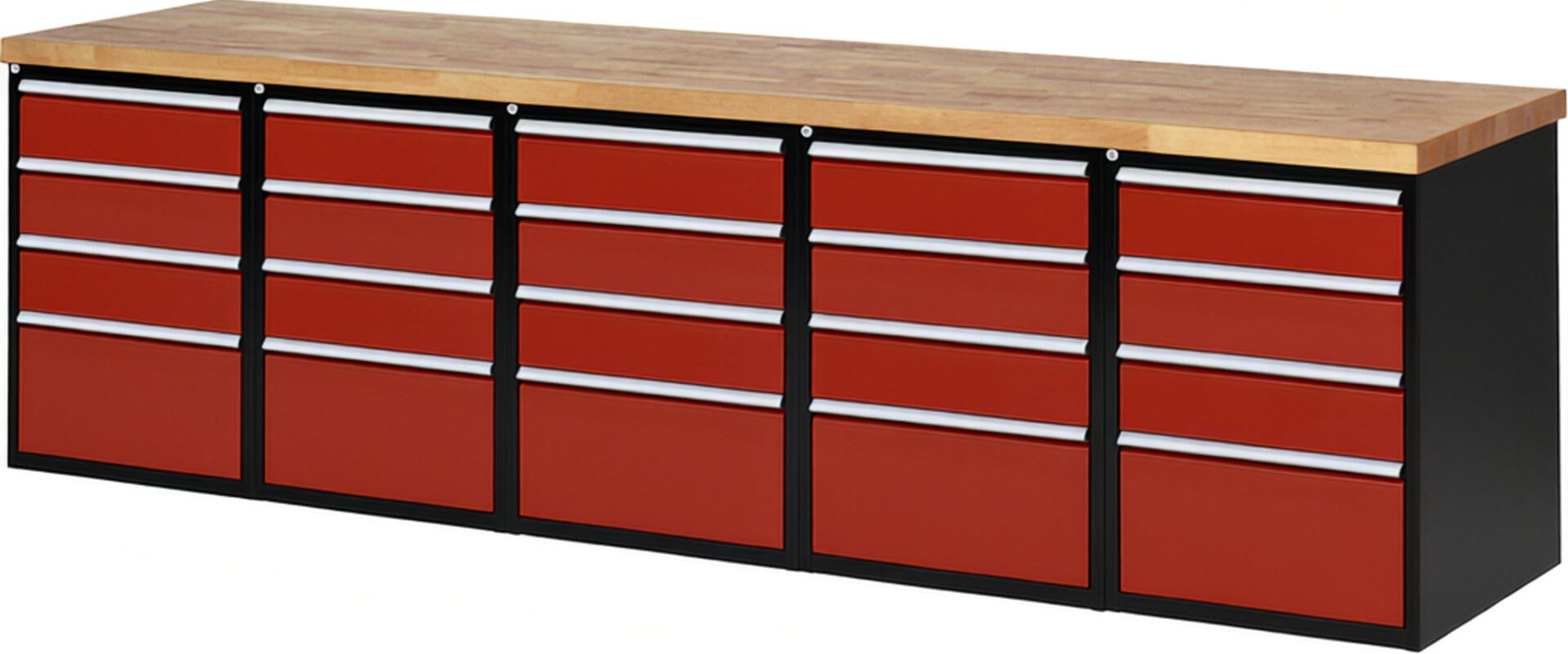 RAU Werkbank schwarz - rot - Breite 300 cm - Tiefe 70 cm - Höhe 89 cm - Buche-Massiv Arbeitsplatte 40 mm