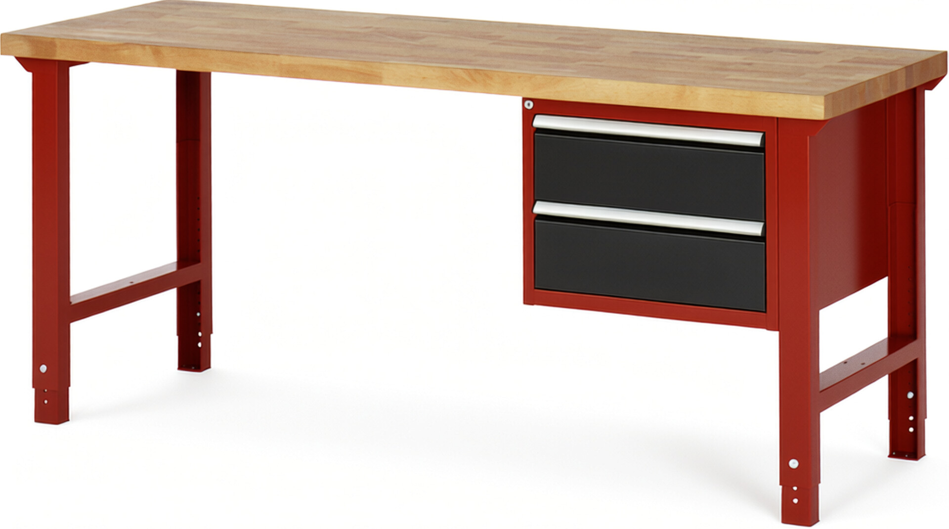 Werkbank Modell 7125 rot - schwarz, BxTxH 2000x700x790-1140 mm,  Buche-Massiv Arbeitsplatte 40 mm,  2 Schubladen mit  Auszug 90 %