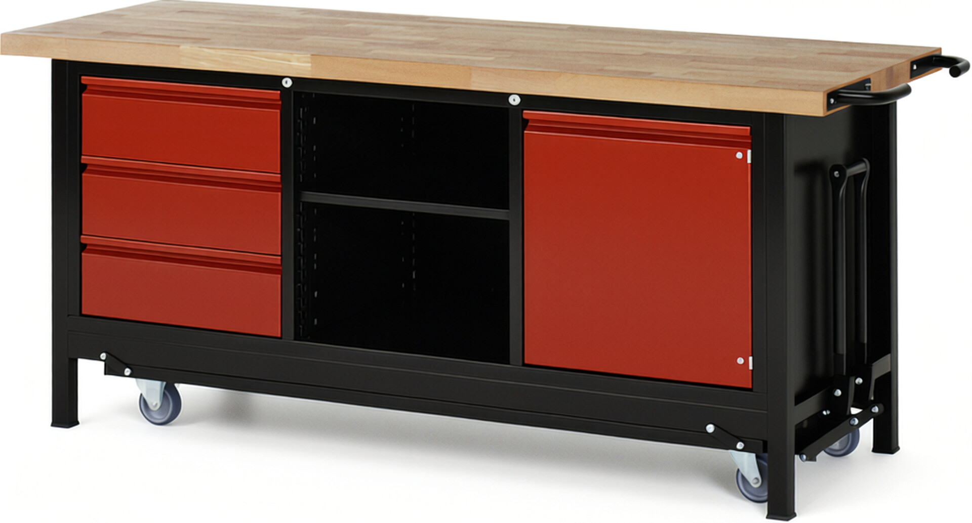 RAU Werkbank schwarz - rot - Breite 200 cm - Tiefe 70 cm - Höhe 88 cm - Buche-Massiv Arbeitsplatte 40 mm