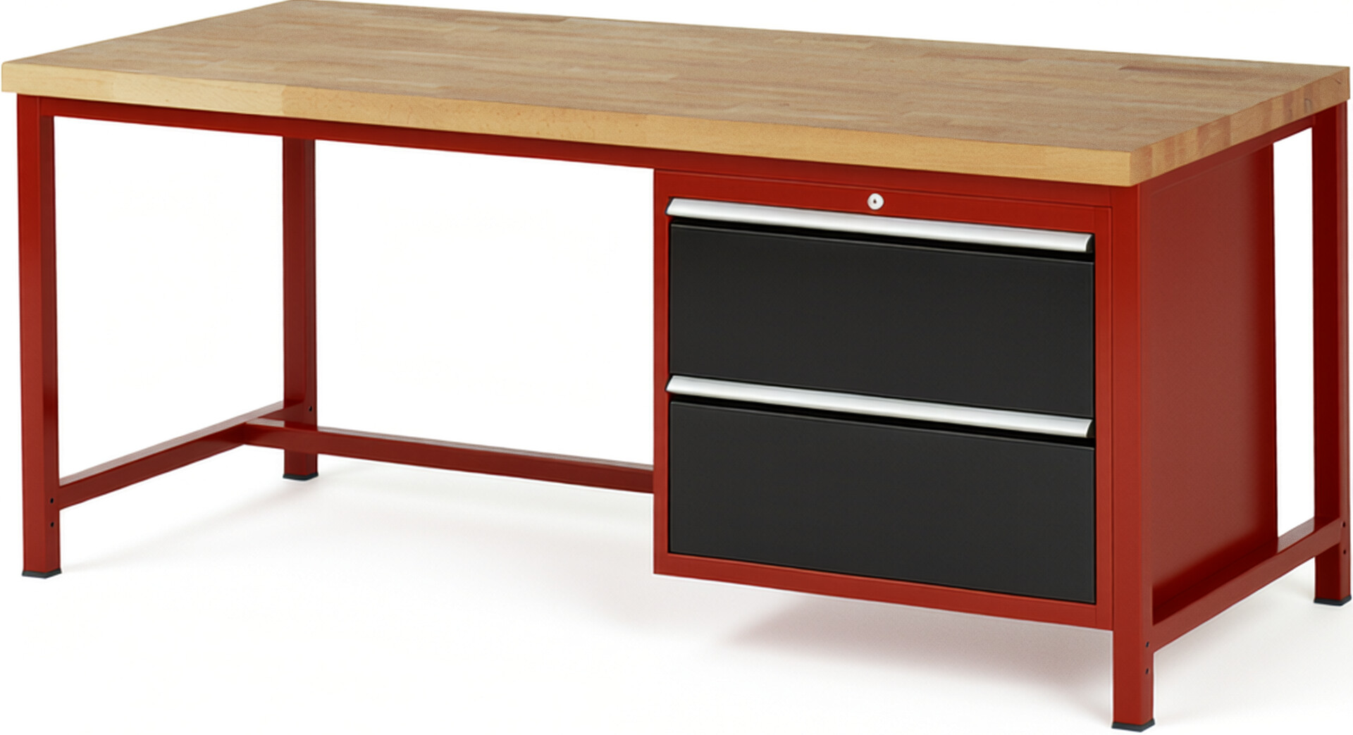 Werkbank Modell 8255 rot - schwarz, BxTxH 2000x900x840 mm,  Buche-Massiv Arbeitsplatte 40 mm,  2 Schubladen mit  Auszug 90 %