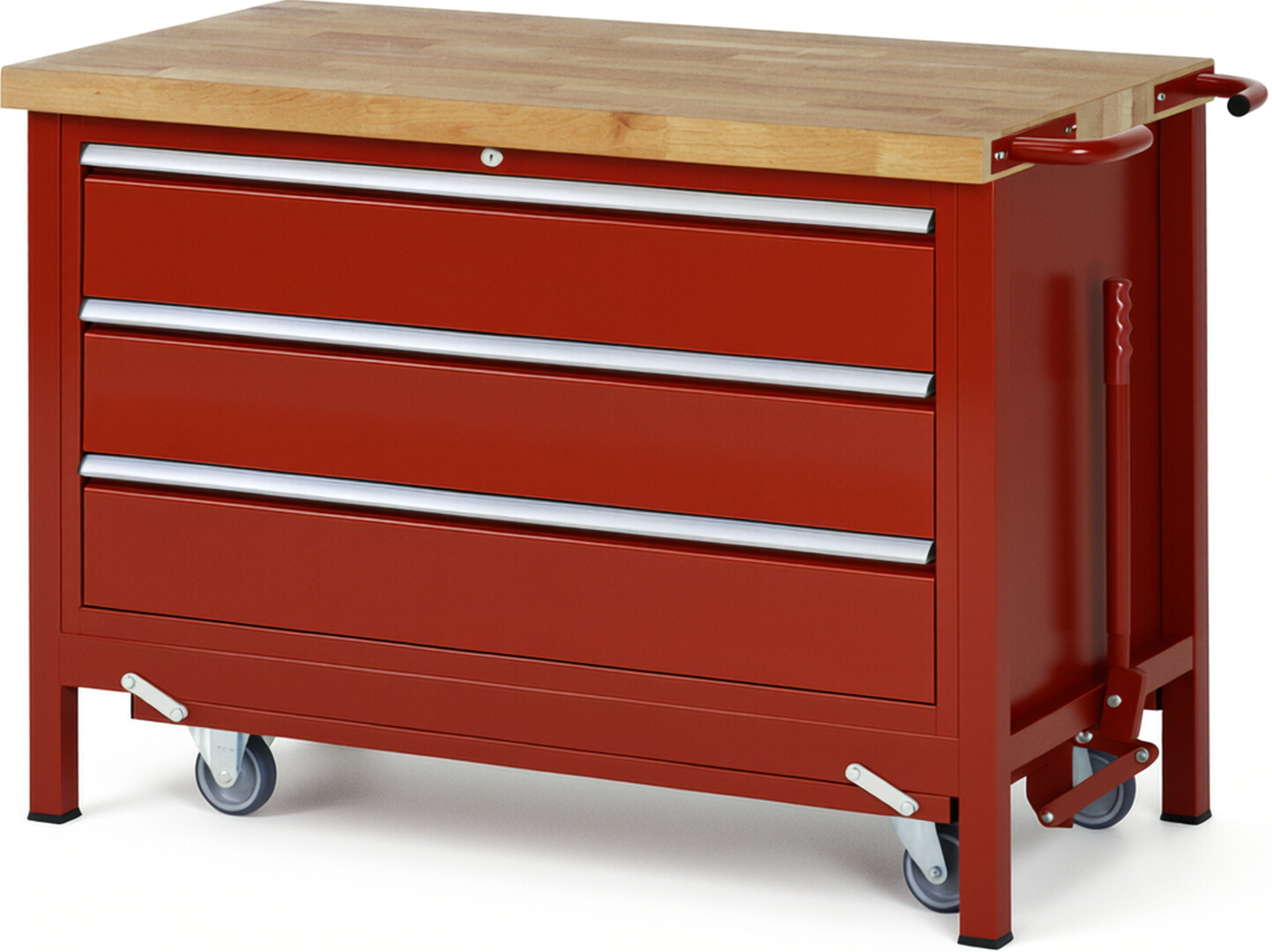Absenkbare Werkbank Modell 8357 rot, BxTxH 1250x700x880 mm,  Buche-Massiv Arbeitsplatte 40 mm,  3 Schubladen mit  Auszug 90 %