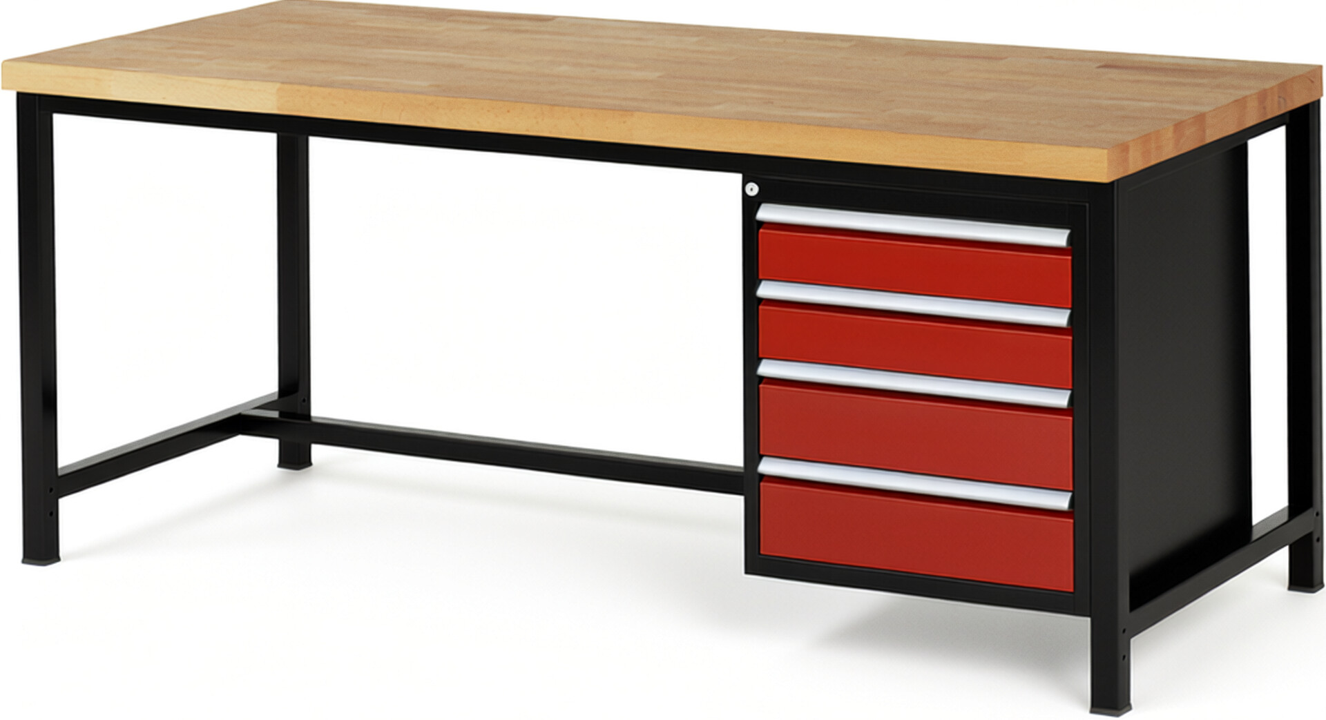 RAU Werkbank schwarz - rot - Breite 200 cm - Tiefe 90 cm - Höhe 104 cm - Buche-Massiv Arbeitsplatte 40 mm