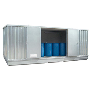 Gefahrstoffcontainer, Umweltcontainer, verz., vormont., isol., Vol. 2x1200 l, für wassergefährdende Flüssigkeiten, BxTxH 5075x4330x2605 mm, Umluftheizung