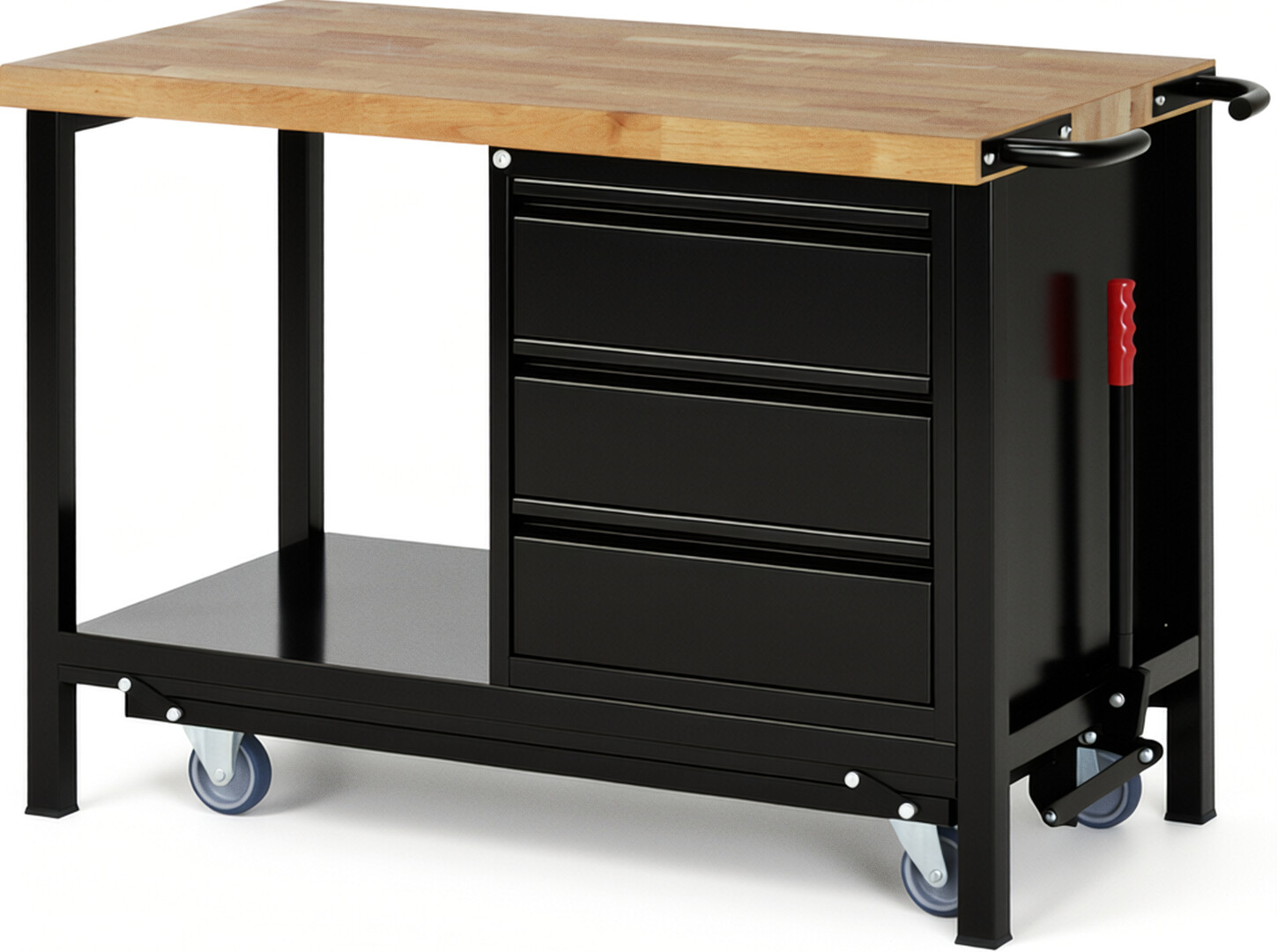 Absenkbare Werkbank - Modell 8157 BASIC schwarz, BxTxH 1250x700x880 mm,  Buche-Massiv Arbeitsplatte 40 mm,  3 Schubladen mit  Auszug 90 %