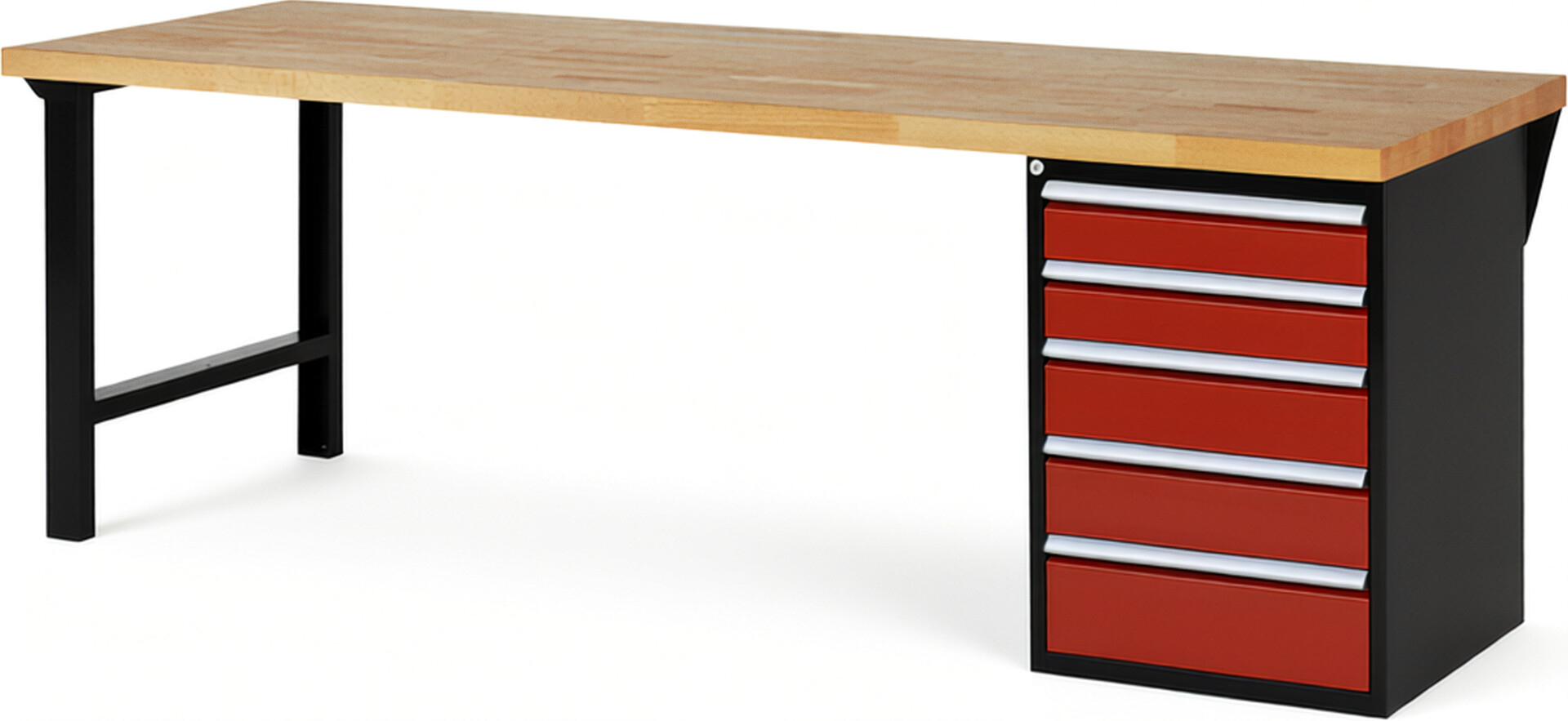 RAU Werkbank schwarz - rot - Breite 250 cm - Tiefe 90 cm - Höhe 84 cm - Buche-Massiv Arbeitsplatte 40 mm