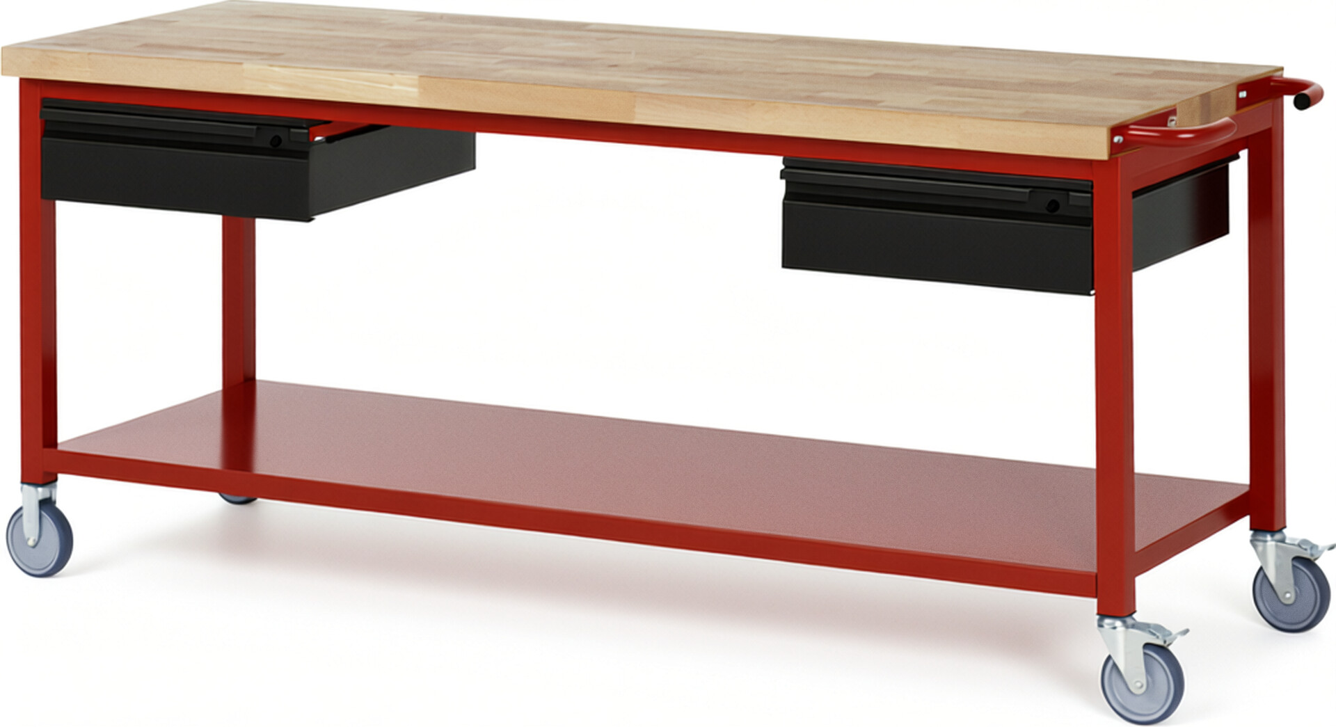 Fahrbare Werkbank - Modell 8002 BASIC rot - schwarz, BxTxH 2000x700x880 mm,  Buche-Massiv Arbeitsplatte 40 mm,  2 Schubladen mit  Auszug 90 %