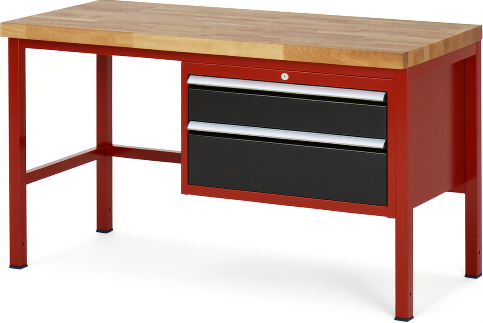 Werkbank Modell 8223 rot - schwarz, BxTxH 1500x700x840 mm,  Buche-Massiv Arbeitsplatte 40 mm,  2 Schubladen mit  Auszug 90 %