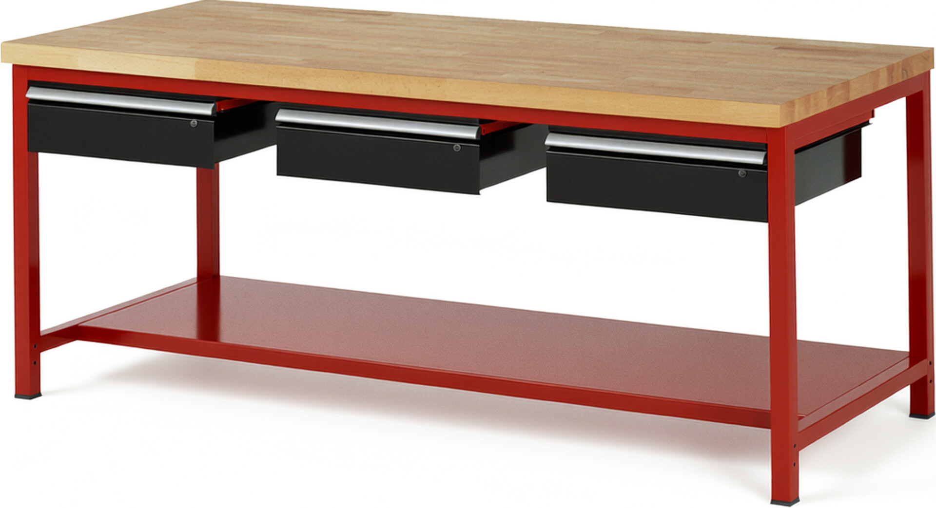 Werkbank Modell 8003 rot - schwarz, BxTxH 2000x900x840-1040 mm,  Buche-Massiv Arbeitsplatte 40 mm,  3 Schubladen mit  Auszug 90 %