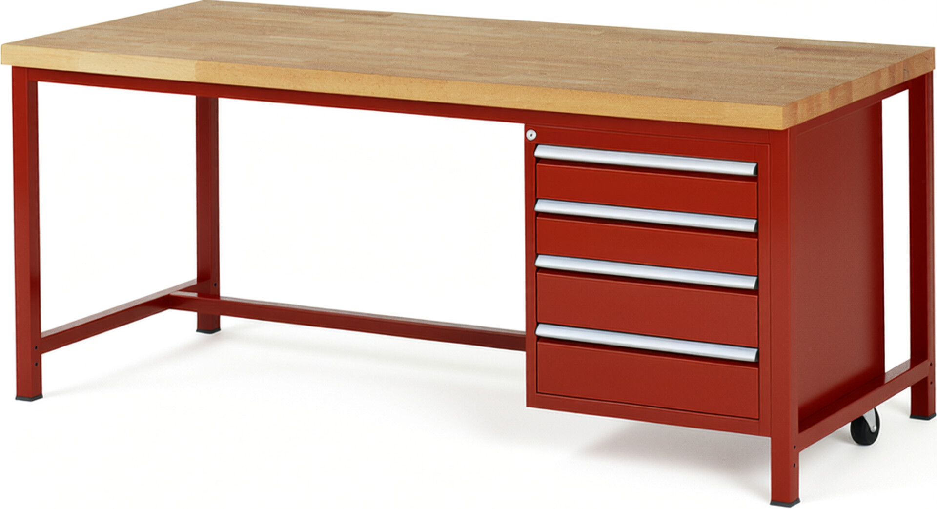 Werkbank Modell 8162 rot, BxTxH 2000x900x840-1040 mm,  Buche-Massiv Arbeitsplatte 40 mm,  4 Schubladen mit  Auszug 90 %