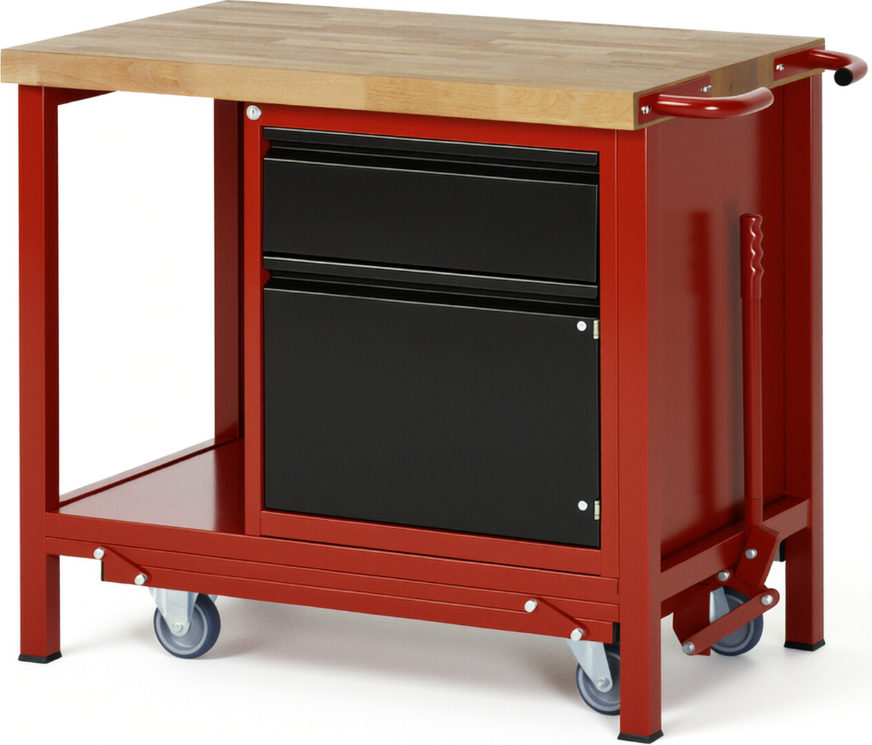 Absenkbare Werkbank - Modell 8152 BASIC rot - schwarz, BxTxH 1000x700x880 mm,  Buche-Massiv Arbeitsplatte 40 mm,  1 Schublade mit  Auszug 90 %