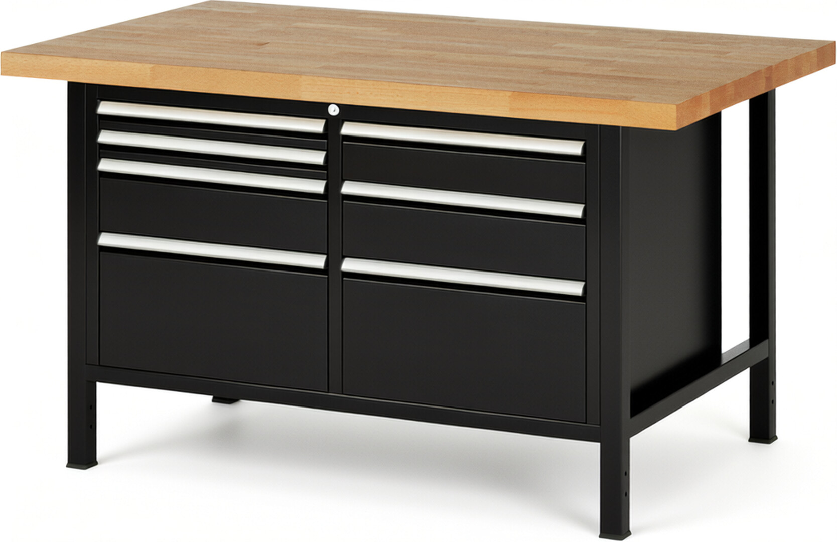 RAU Werkbank schwarz - Breite 150 cm - Tiefe 90 cm - Höhe 84 cm - Buche-Massiv Arbeitsplatte 40 mm