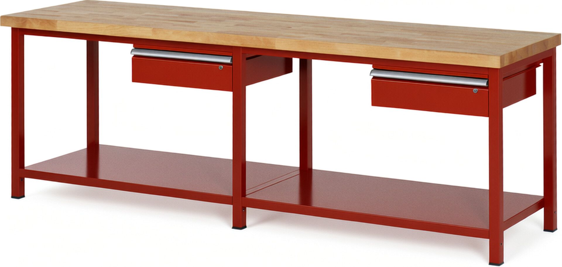 Werkbank Modell 8001 rot, BxTxH 2500x700x840-1040 mm,  Buche-Massiv Arbeitsplatte 40 mm,  2 Schubladen mit  Auszug 90 %