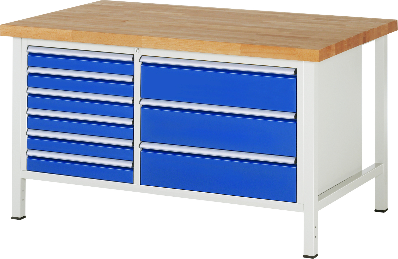 Werkbank Modell 8653 rot, BxTxH 1500x900x840-1040 mm,  Buche-Massiv Arbeitsplatte 40 mm,  9 Schubladen mit  Auszug 90 %