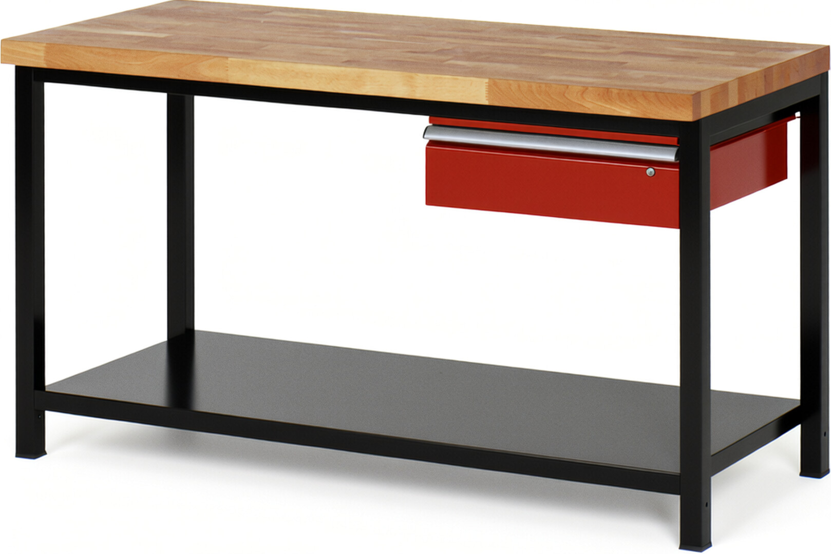 RAU Werkbank schwarz - rot - Breite 150 cm - Tiefe 70 cm - Höhe 104 cm - Buche-Massiv Arbeitsplatte 40 mm