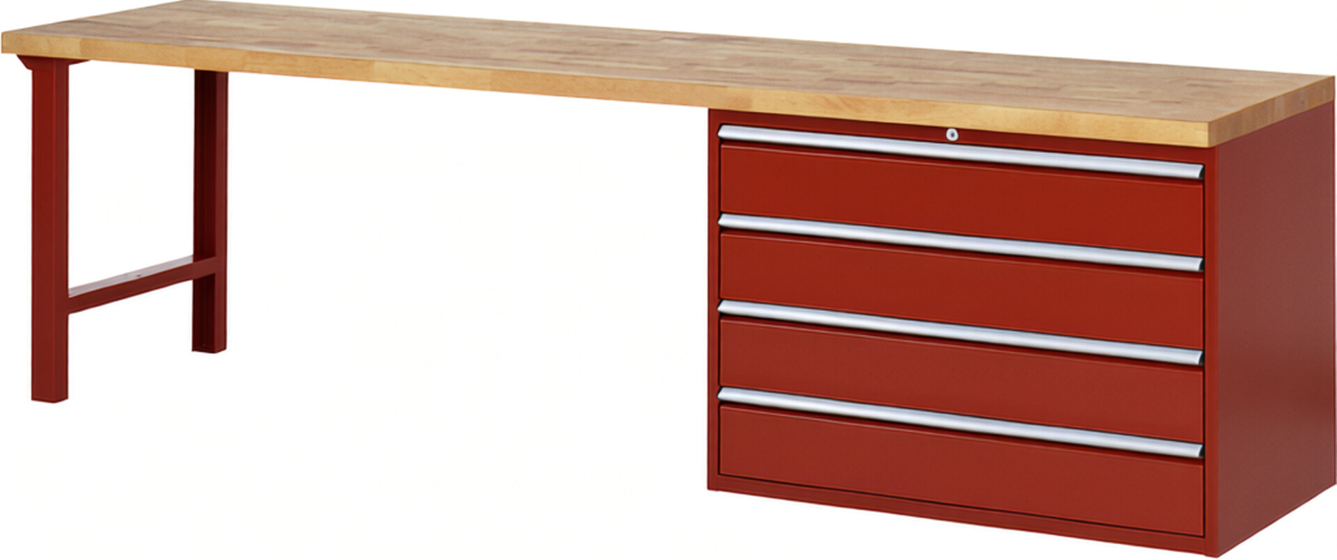 RAU Werkbank rot - Breite 300 cm - Tiefe 70 cm - Höhe 89 cm - Buche-Massiv Arbeitsplatte 40 mm